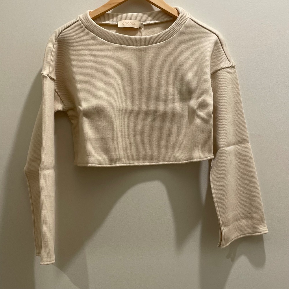 Choosy Cream Ribbed Knit Long Sleeve Crop Top Split Cuff 1811TO06 Womens S NEW‎